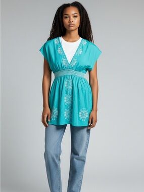 Turquoise Embroidered V-Neck Women’s Top